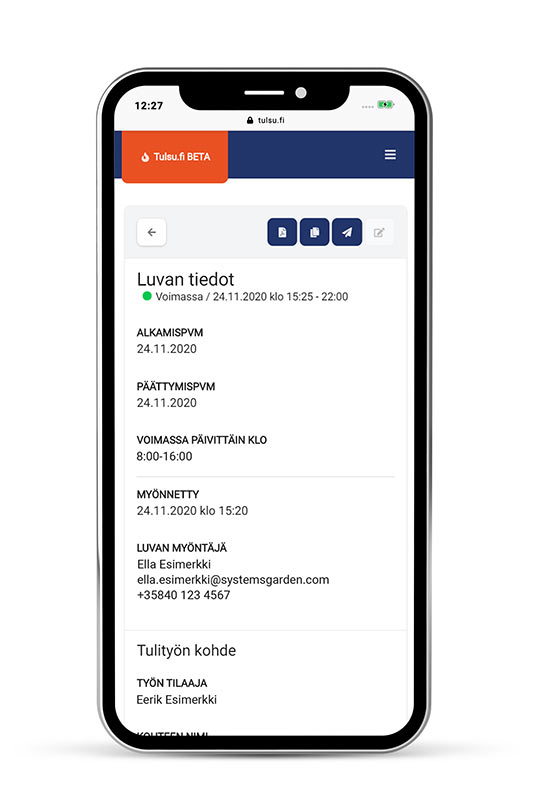 Mobiili tulityölupa Tulityölupa mobiililaitteessa