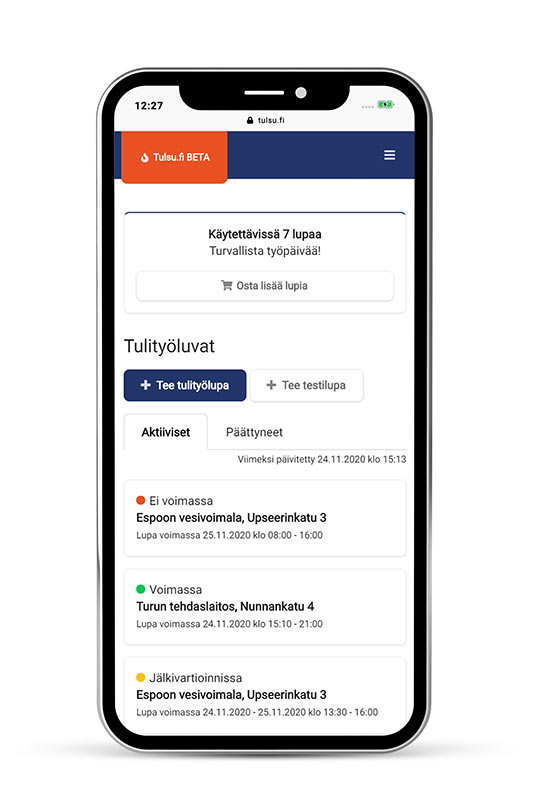 Mobiili tulityölupa Tulityölupalista mobiililaitteessa